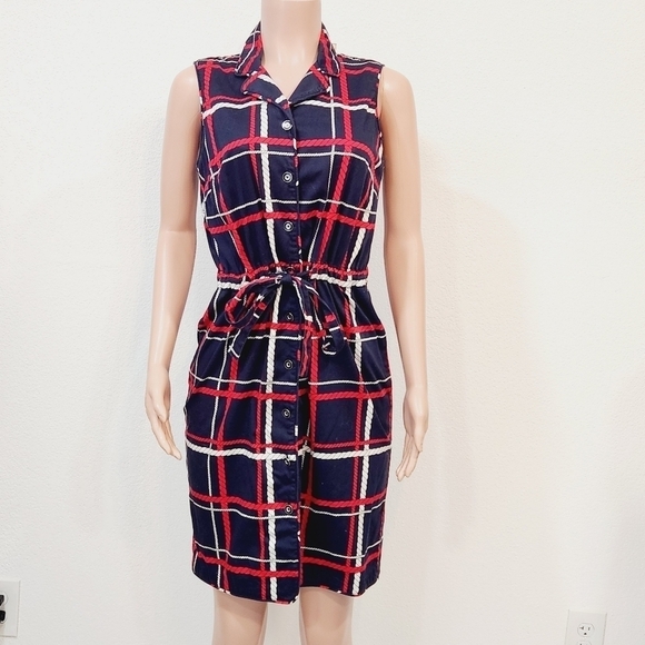 TALBOTS Nautical Rope Plaid Stripe Sleeveless Shirt Dress Size 10